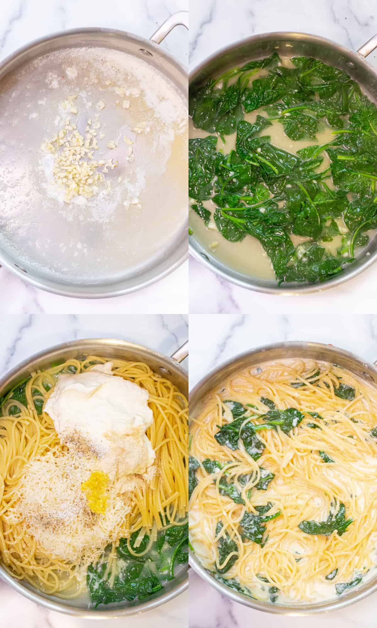 4 pictures of pans one with butter and garlic, one with cooked spinach, and one with pasta, cheeses and spices, and then it all mixed together.