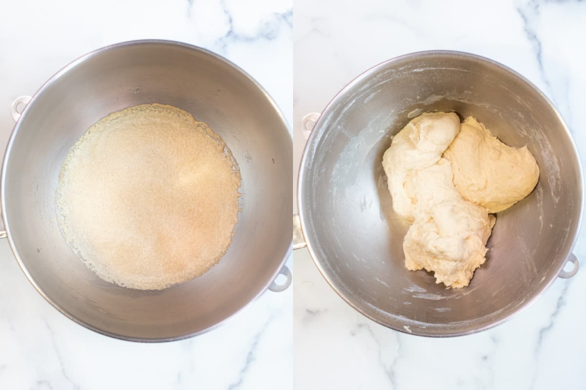 a mixing bowl with activated yeast and one with a dough ball.