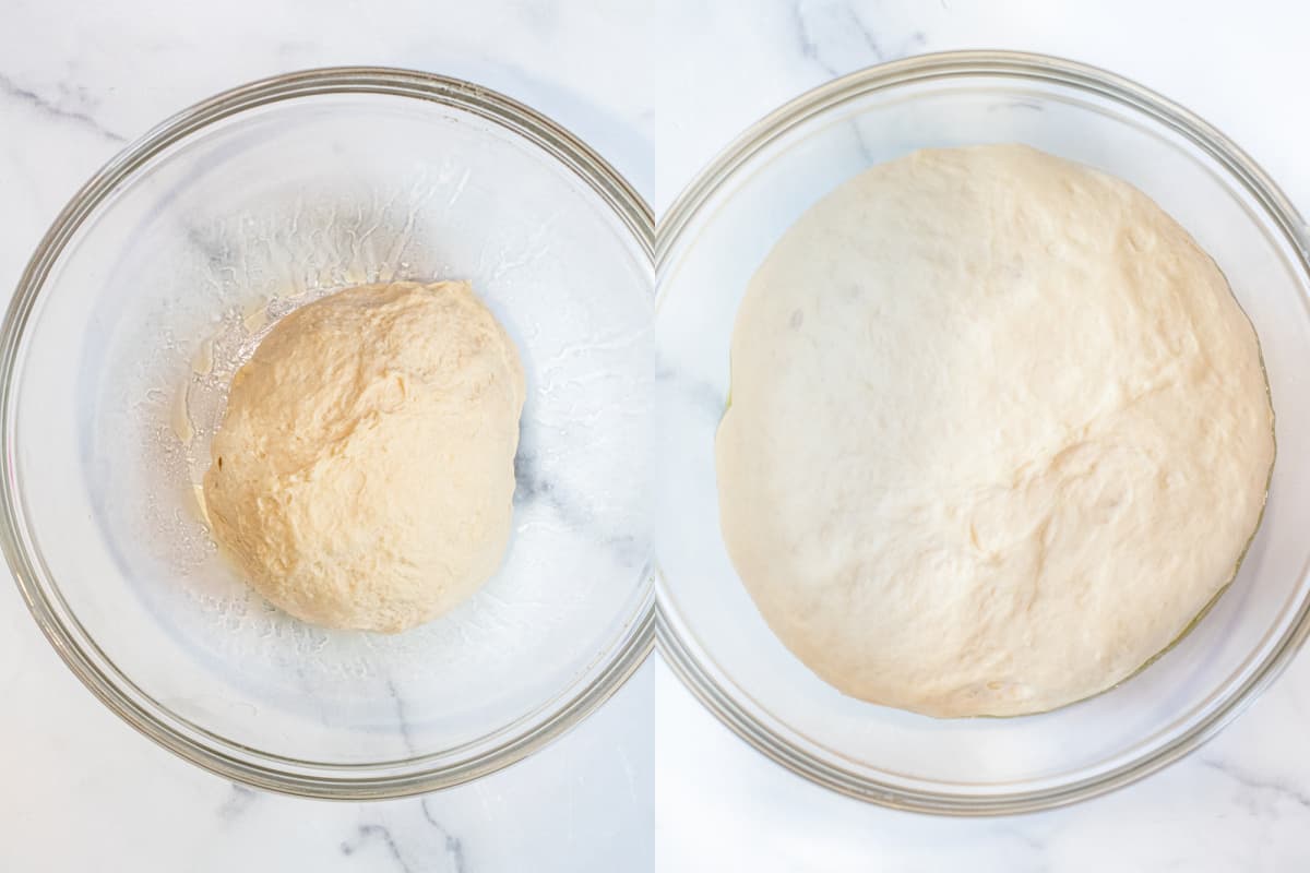 a bowl with a ball of dough and then with it risen.