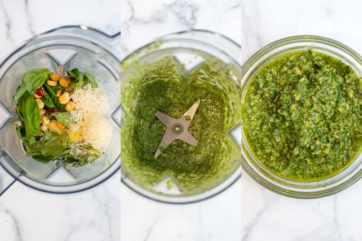 3 pics of blender, one with basil, hazelnuts, cheese and pesto ingredients, one with it all blended together, and a final picture of pesto in a bowl.