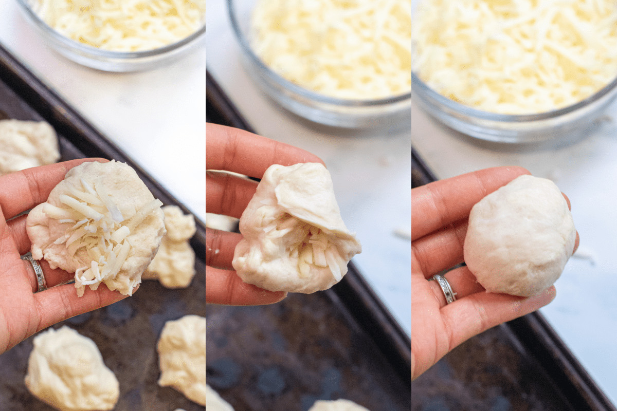 3 pictures of a hand with a dough ball, one with it opened shredded cheese in it, then sides being pulled in, and then a round dough ball.