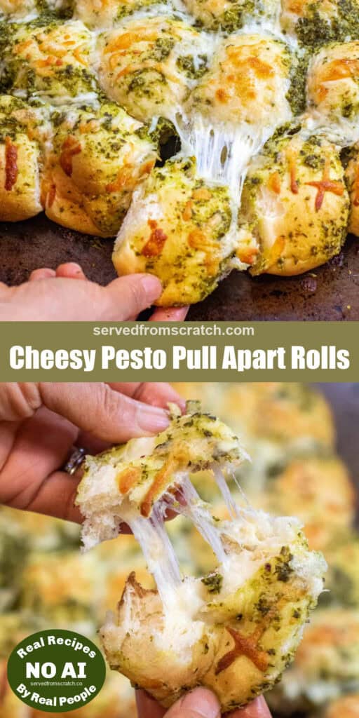 a hand pulling a cheesy pesto covered roll out from a bunch of rolls with Pinterest pin text and then a hand pulling a cheesy roll apart with NO AI sticker.