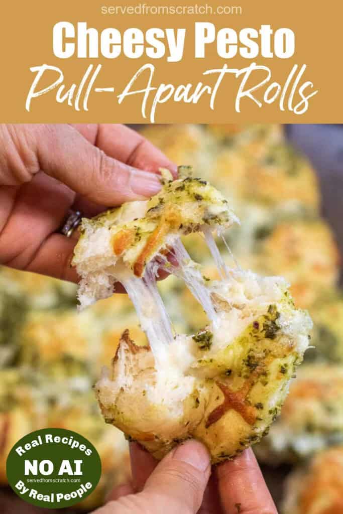 Pinterest pin text and a hand pulling a cheesy roll apart with NO AI sticker.