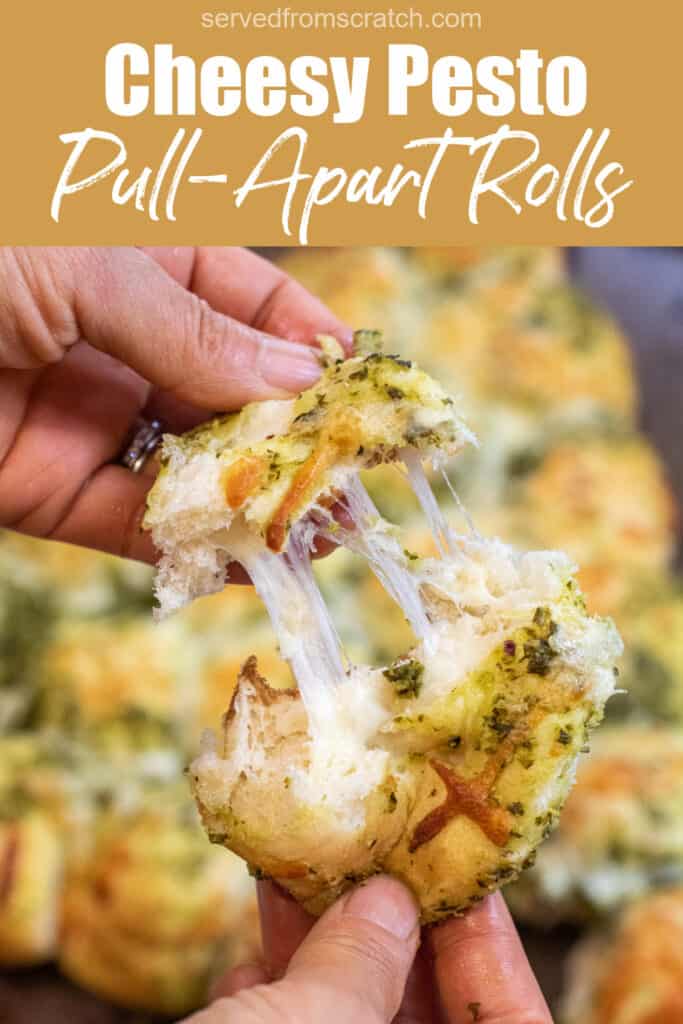 a hand pulling apart a cheesy roll with Pinterest pin text.