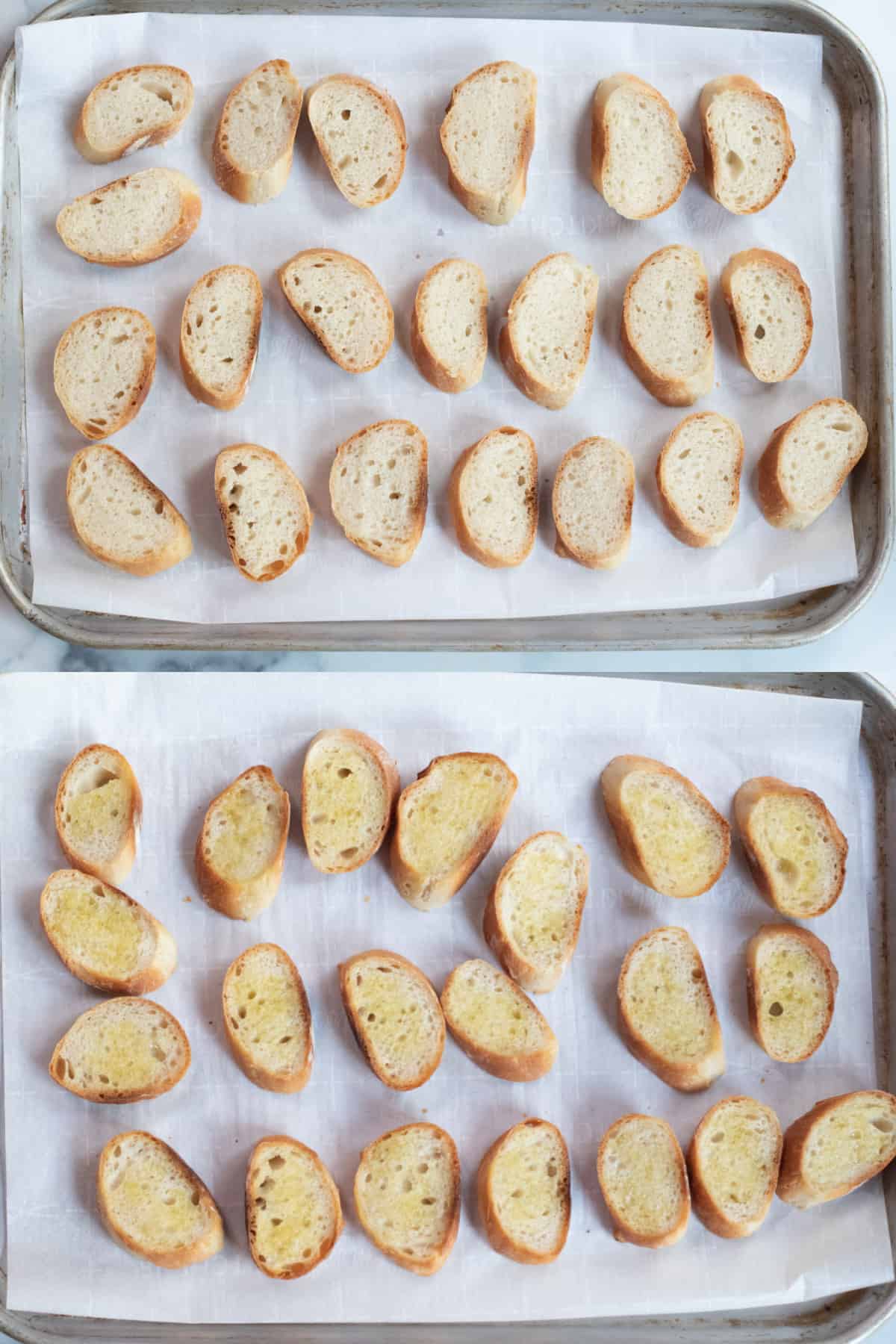 a pan of sliced baguette un baked and one baked.