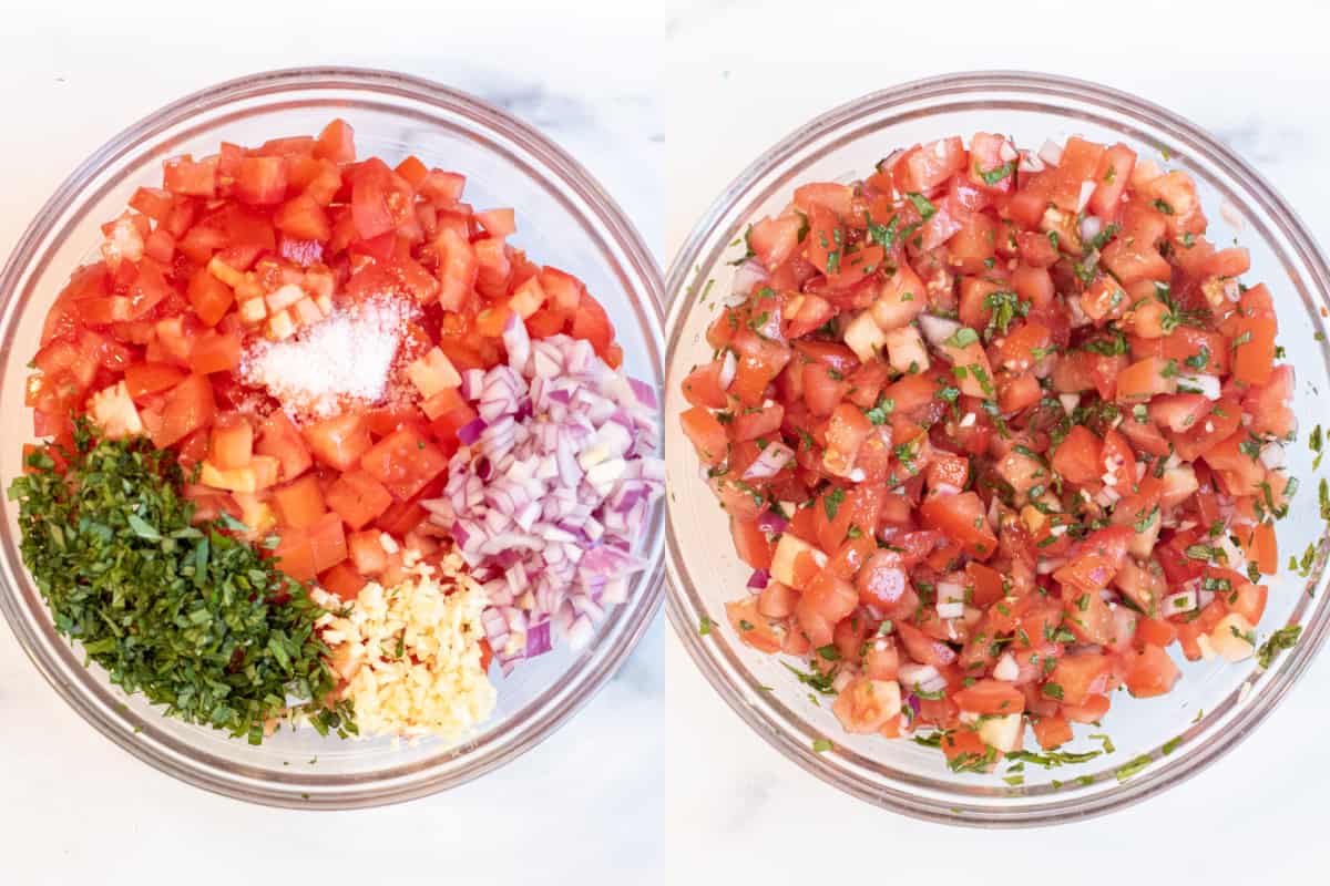 two bowls, one with tomatoes, basil, onion, garlic, and salt, and it all mixed together.