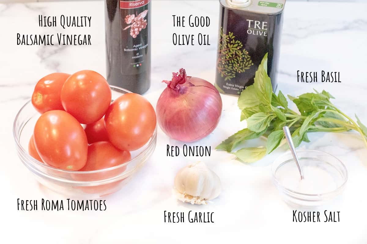 fresh tomatoes, balsamic, olive oil, onion, basil, garlic, and salt.