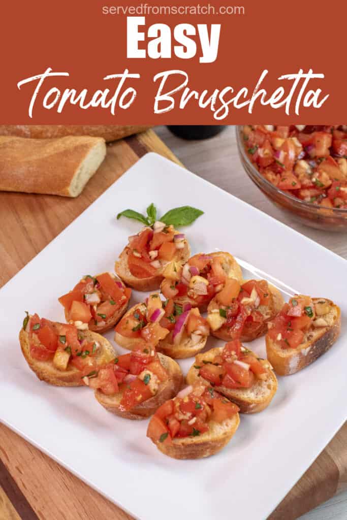 a plate of tomato bruschetta with Pinterest pin text.