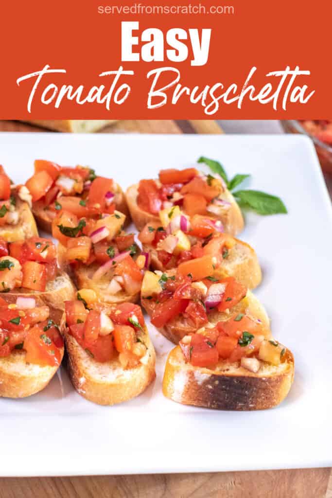 a plate of tomato bruschetta with Pinterest pin text.