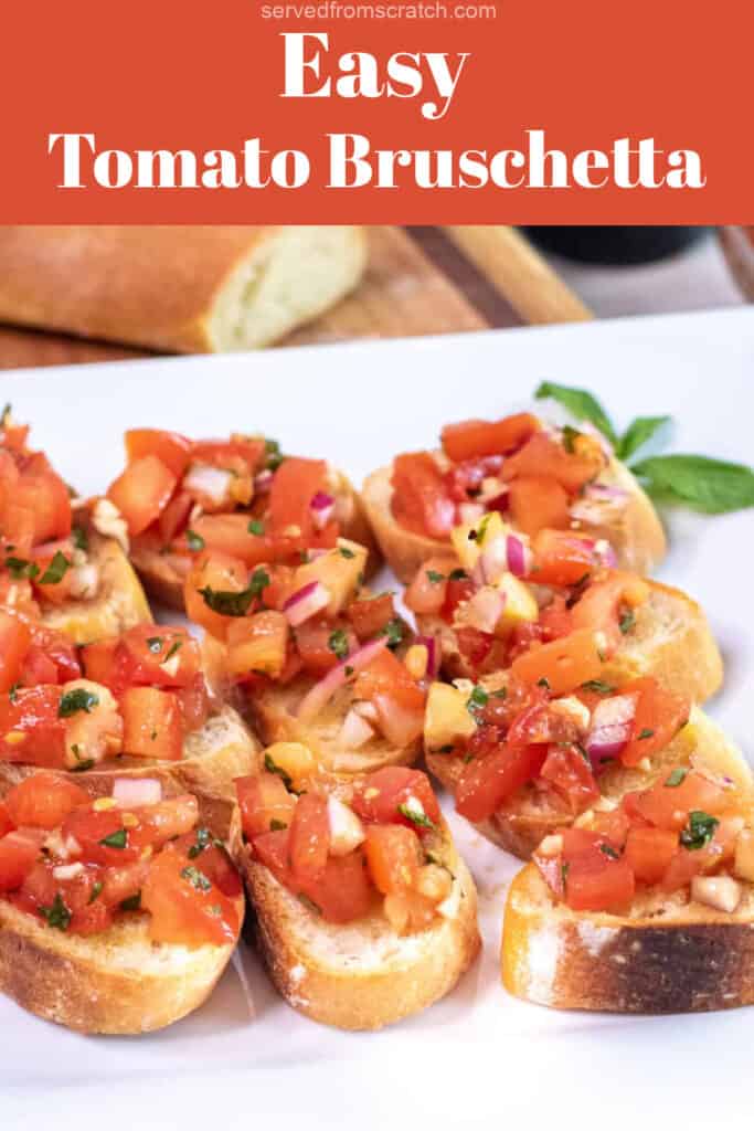 a plate of tomato bruschetta with Pinterest pin text.
