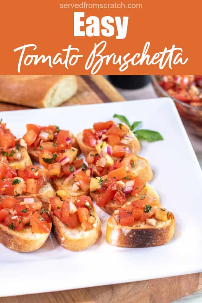 a plate of tomato bruschetta with Pinterest pin text.