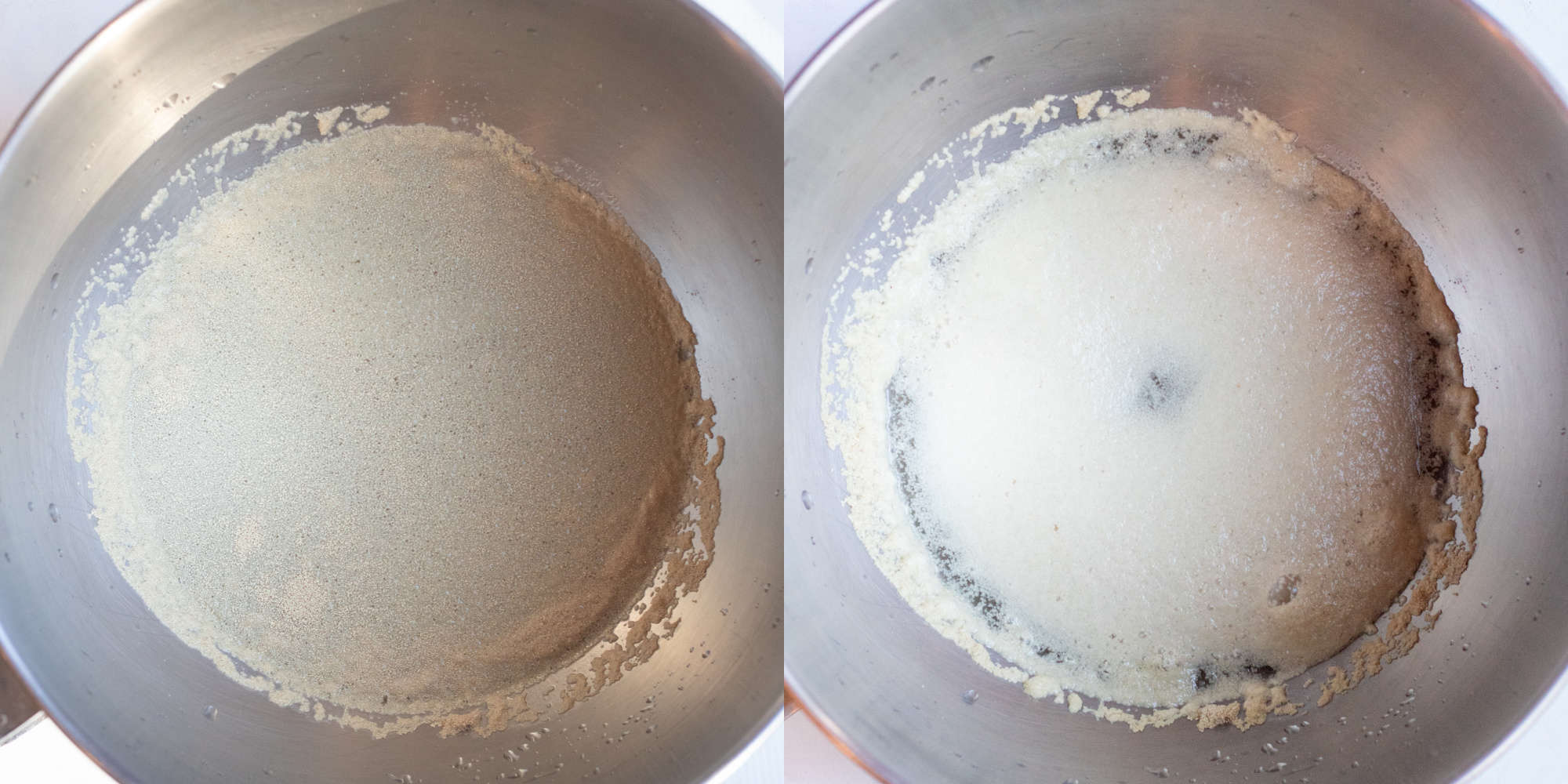 two bowls of a stand mixer, one with yeast and water and one with yeast activated.