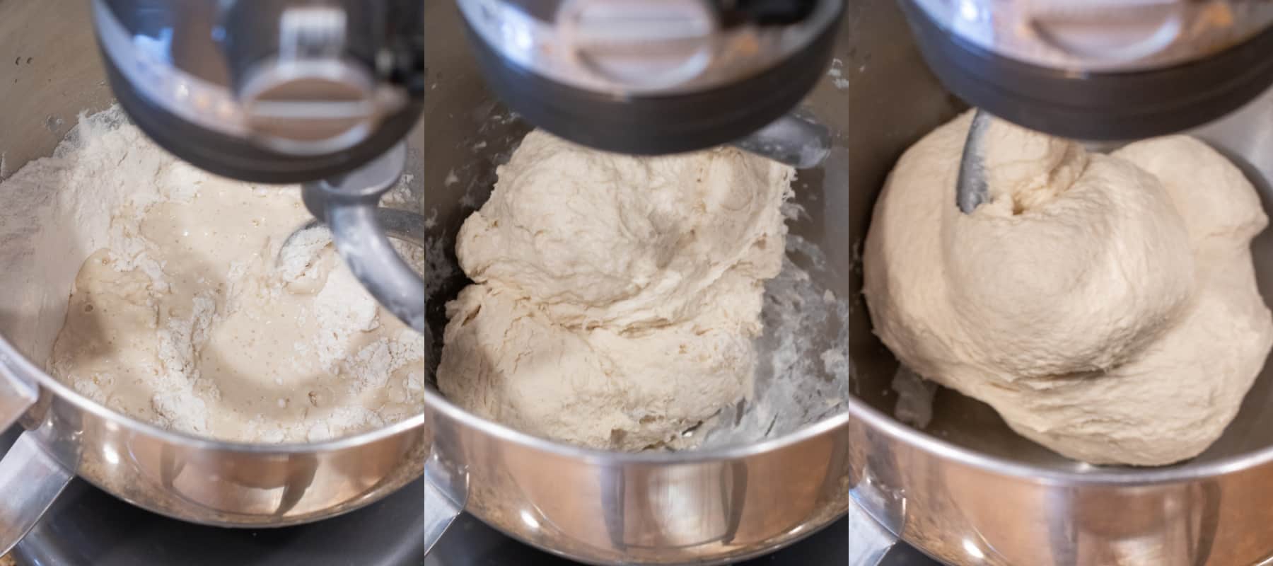 3 pictures of stand mixers with doughs being mixed.