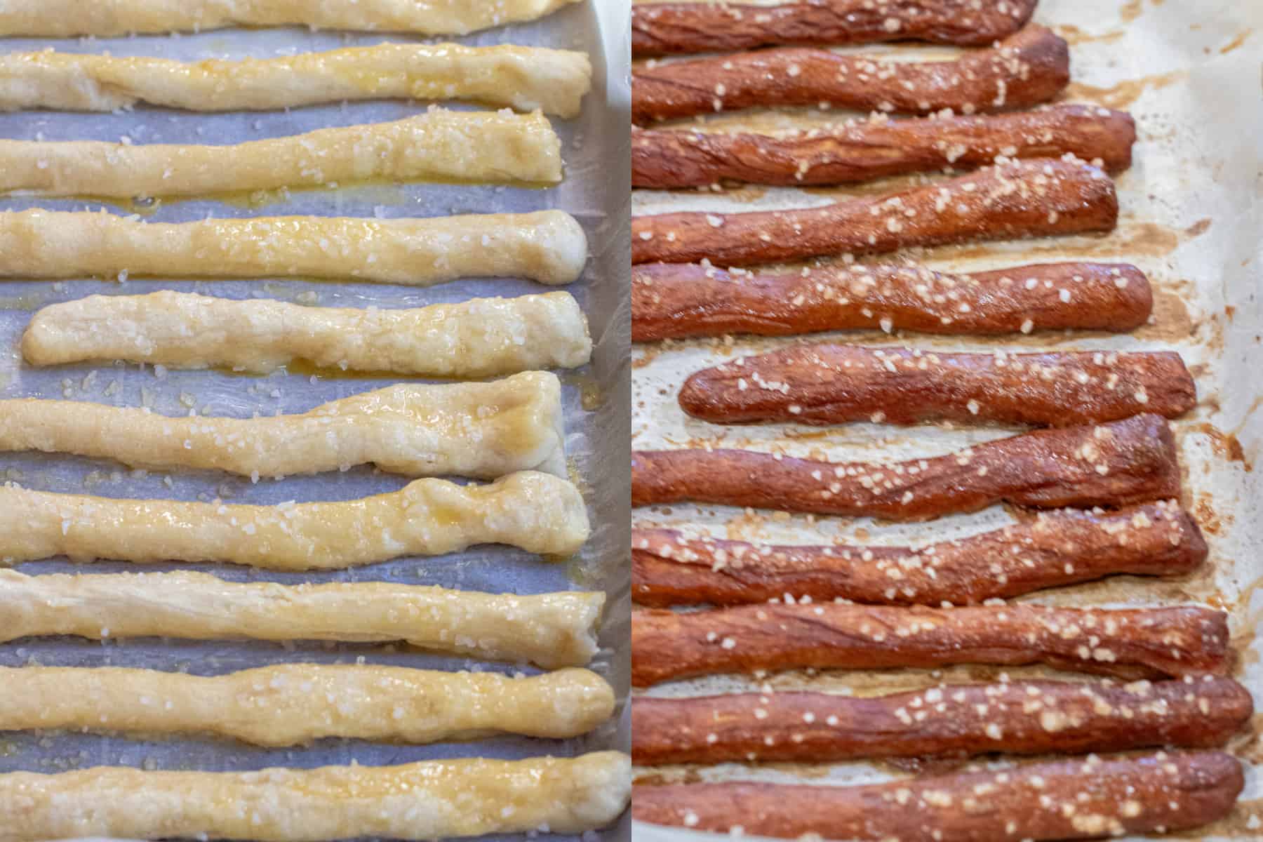 two pictures, one with egg washed salted parboiled pretzel rods and the other with them baked.