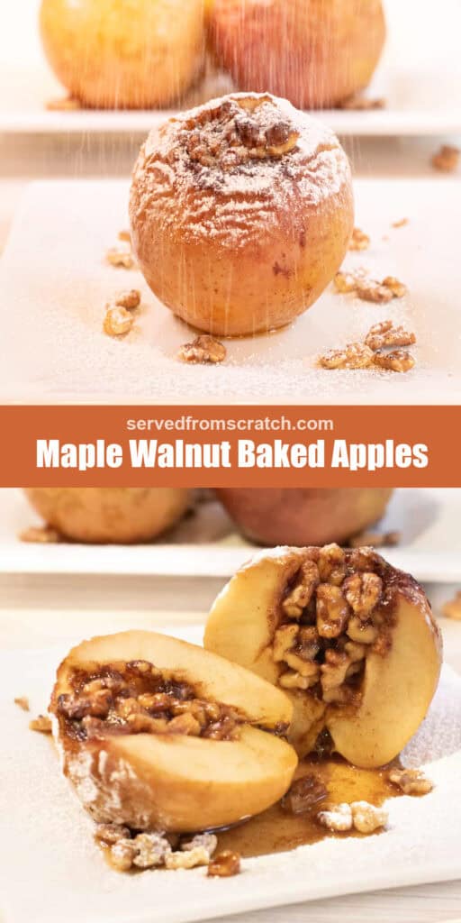 a baked apple with walnuts and sugar being sprinkled on top with Pinterest pin text and the baked apple halved with walnuts inside.