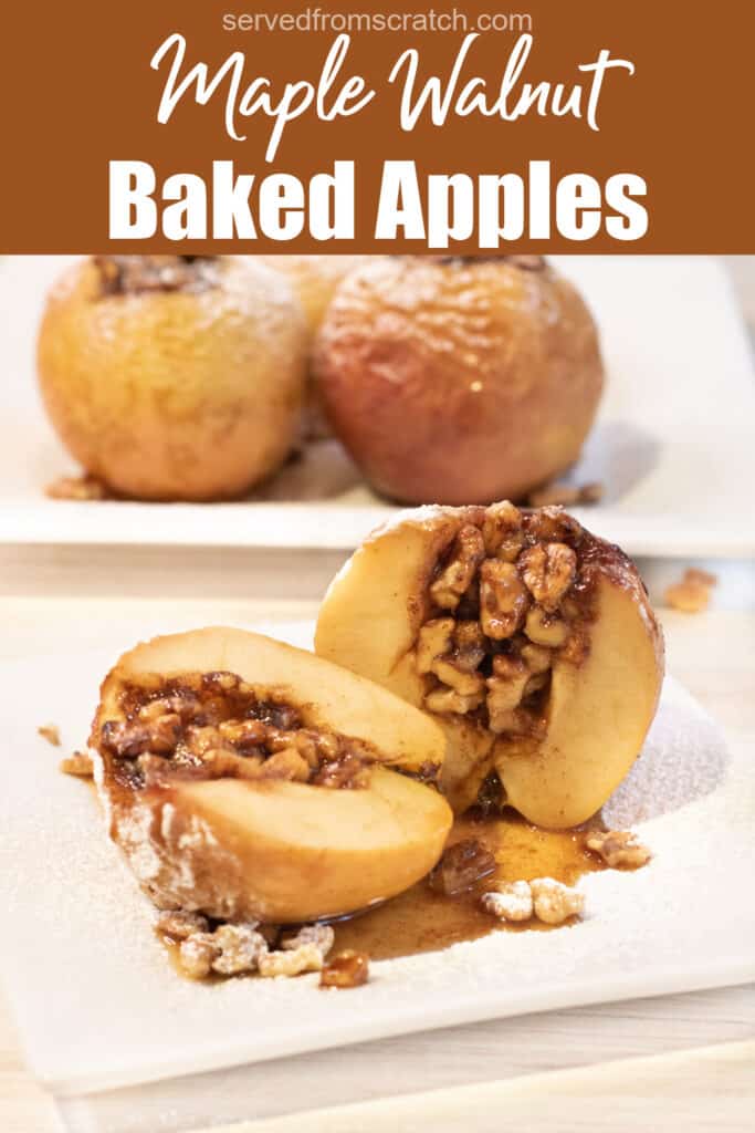 a halved baked apple with walnuts inside on a plate with Pinterest pin text.