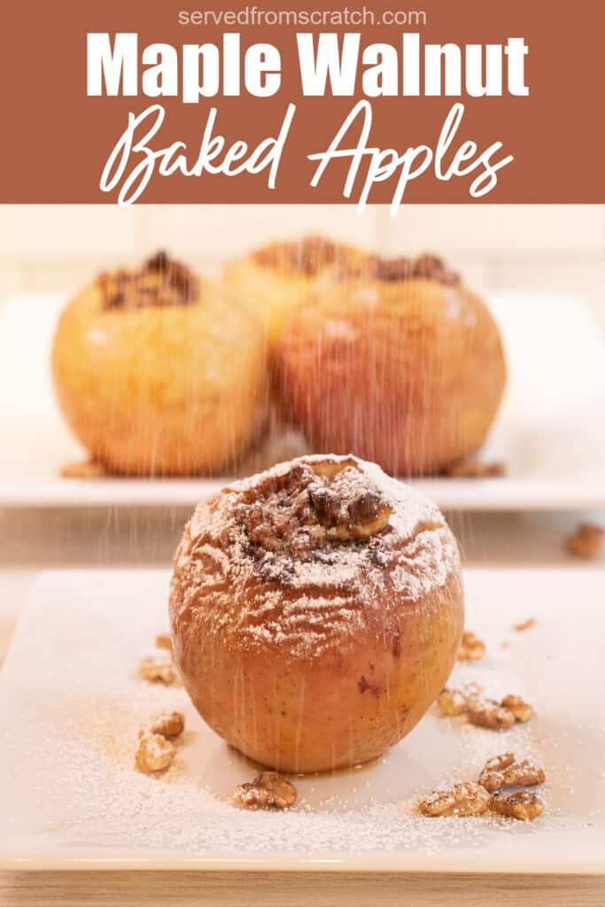 a baked apple with sugar on top and Pinterest pin text.