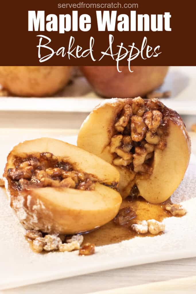 a halved baked apple with walnuts inside on a plate with Pinterest pin text.