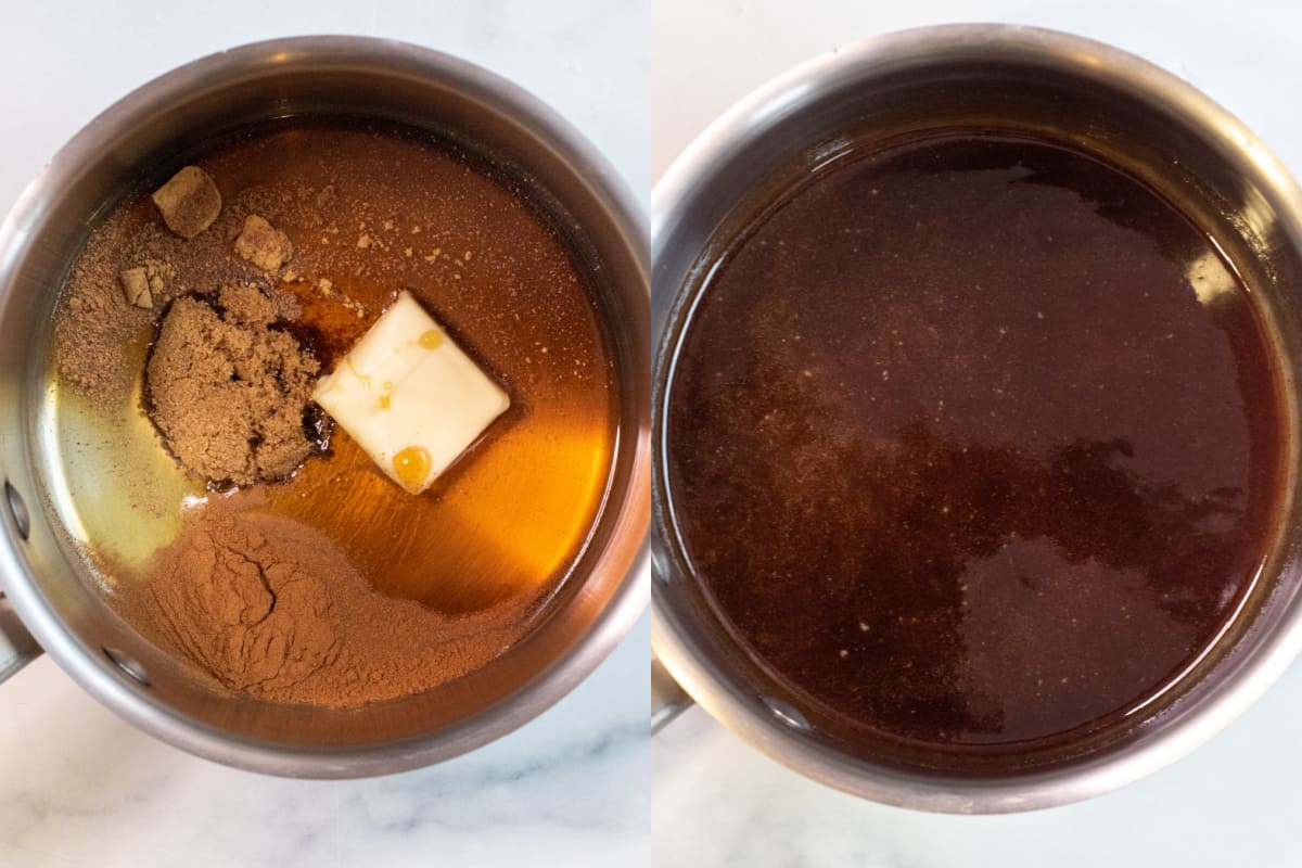 two pictures, one of a pot with butter and maple syrup, sugar, and spices and the other with it all melted together.