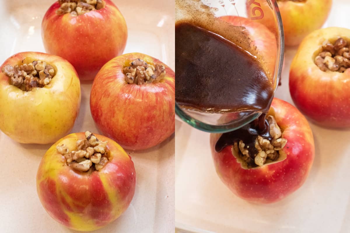 cored apples with walnuts inside and then a picture of them with a pyrek pouring in syrup.