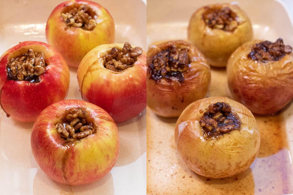 a picture of four cored apples with walnuts and sauce and then a picture of them all baked.