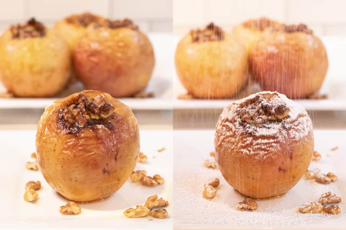 a picture of a baked apple with walnuts and then next to the same picture with powdered sugar on top.