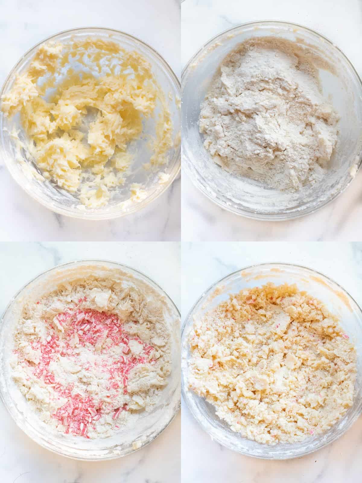 4 pictures of bowls, with creamed butter, with flour added, it all mixed, and then with peppermint added.