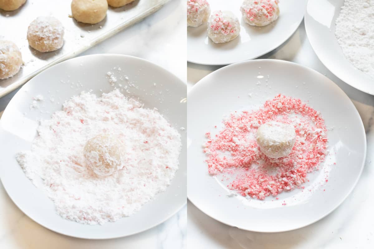 dough balls being rolled in sugar and crushed candy canes and then again in just crushed candy canes.