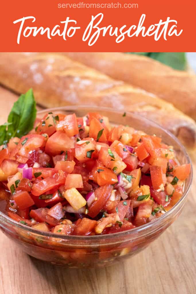 a bowl of tomato bruschetta with Pinterest pin text.