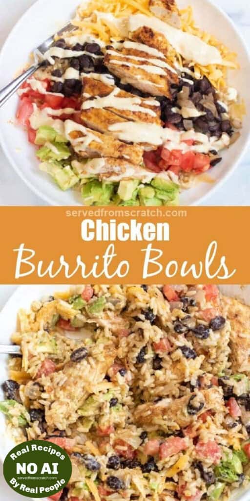 an overhead of a burrito bowl with chicken, avocado, tomatoes, rice, cheese, and sauce with Pinterest pin text and NO AI sticker and a picture of it all mixed up.