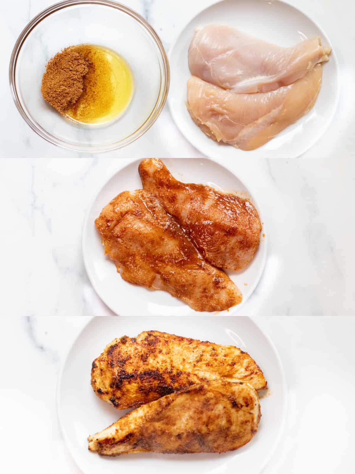 a bowl of seasoning and oil next to a plate of chicken, then the chicken mixed in it, and then a plate of the cooked chicken.