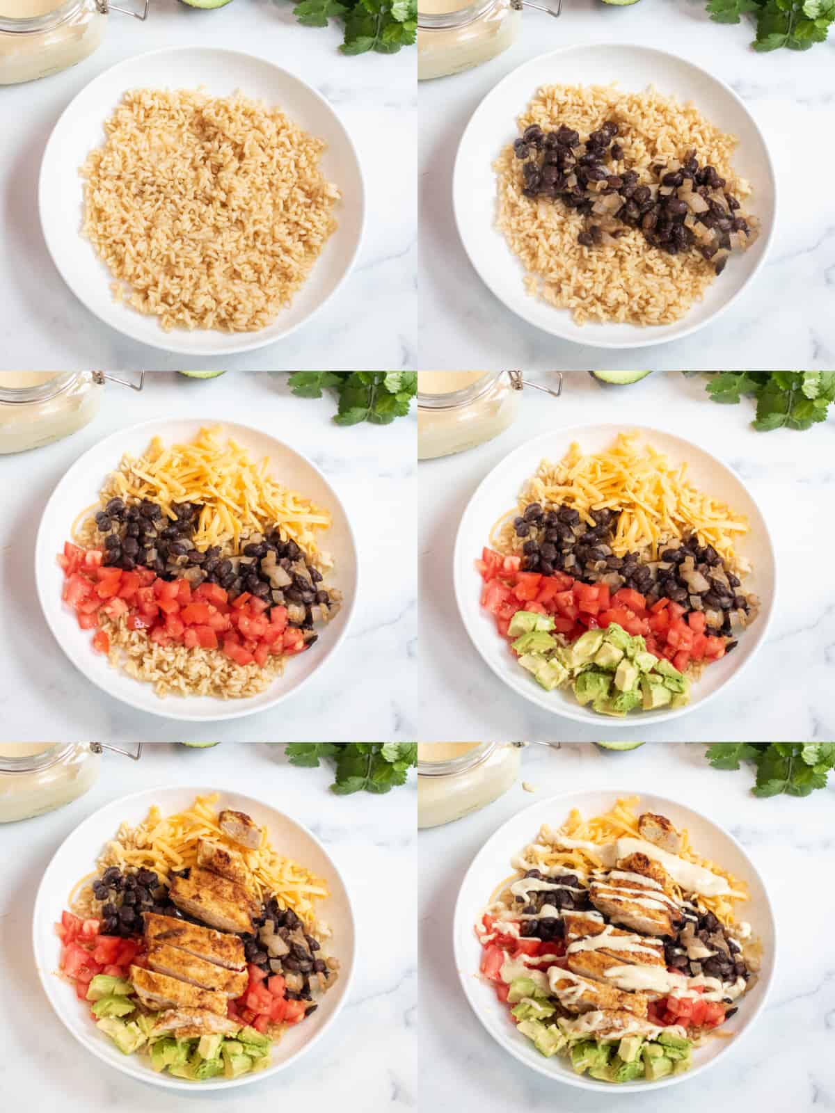 6 pictures of rice bowls, one with just rice, then with beans, then with tomatoes, then with avocado and cheese, then with chicken, and finally with sauce over it.