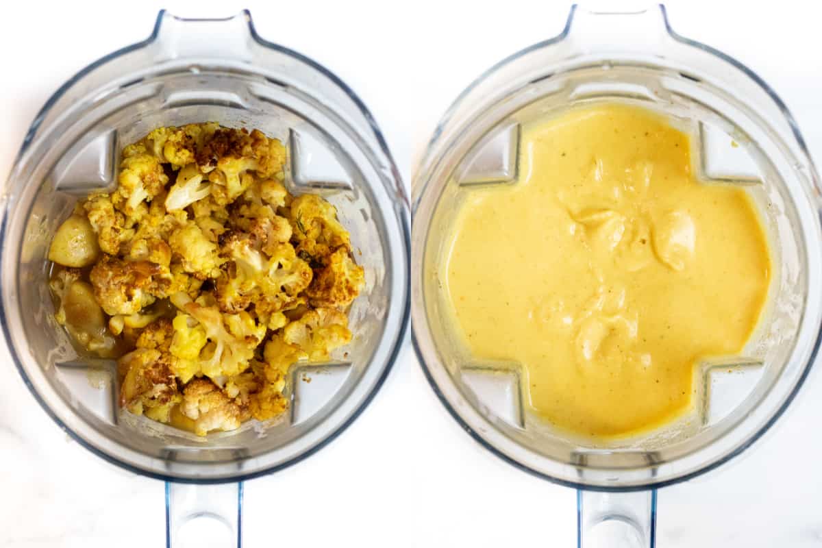 two pictures of a blender, one with cauliflower and onions and the other with it all blended together and creamy.