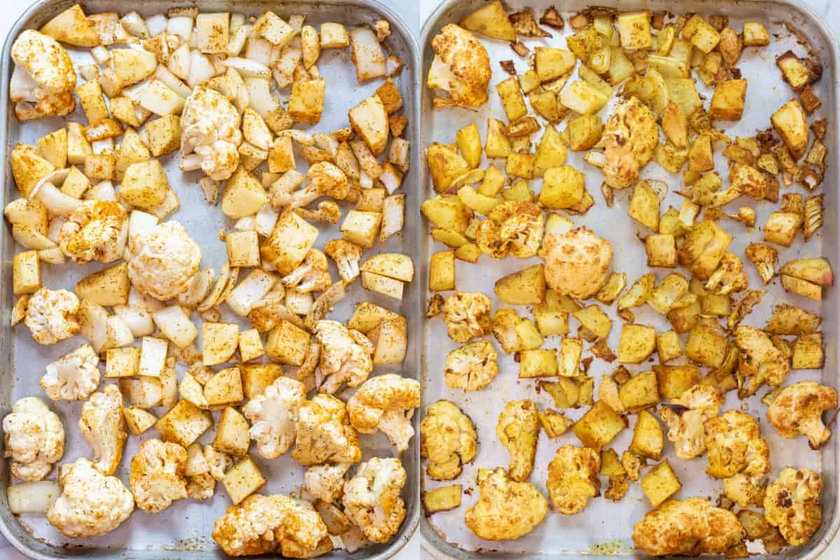 two pictures, one of raw spiced cauliflower with onion and potatoes and the next picture of it all roasted.