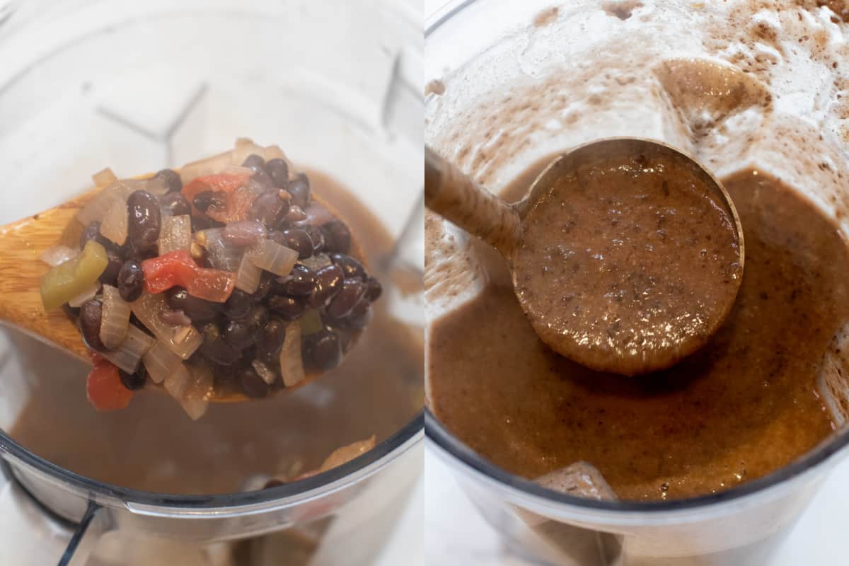 a spoon over a vitamix blender, one with beans and onions and stock and then next with it all blended.