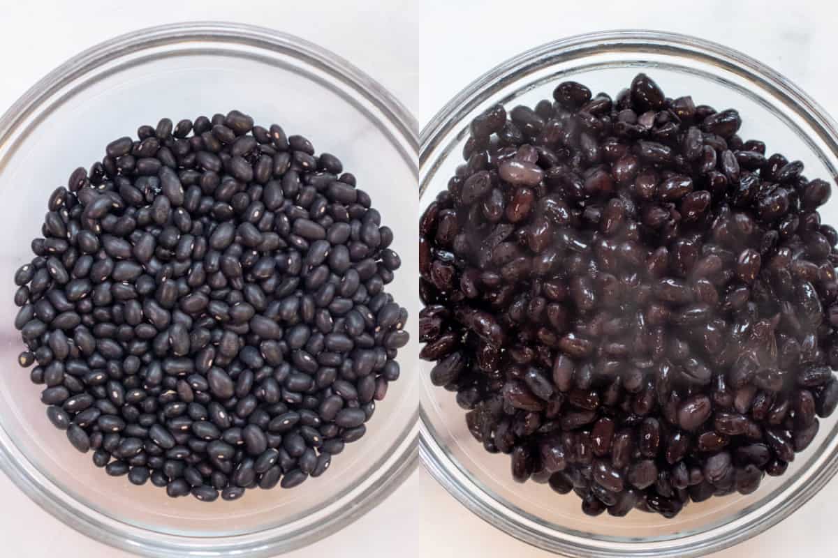 two pictures of a bowl of black beans, one dried and one cooked.