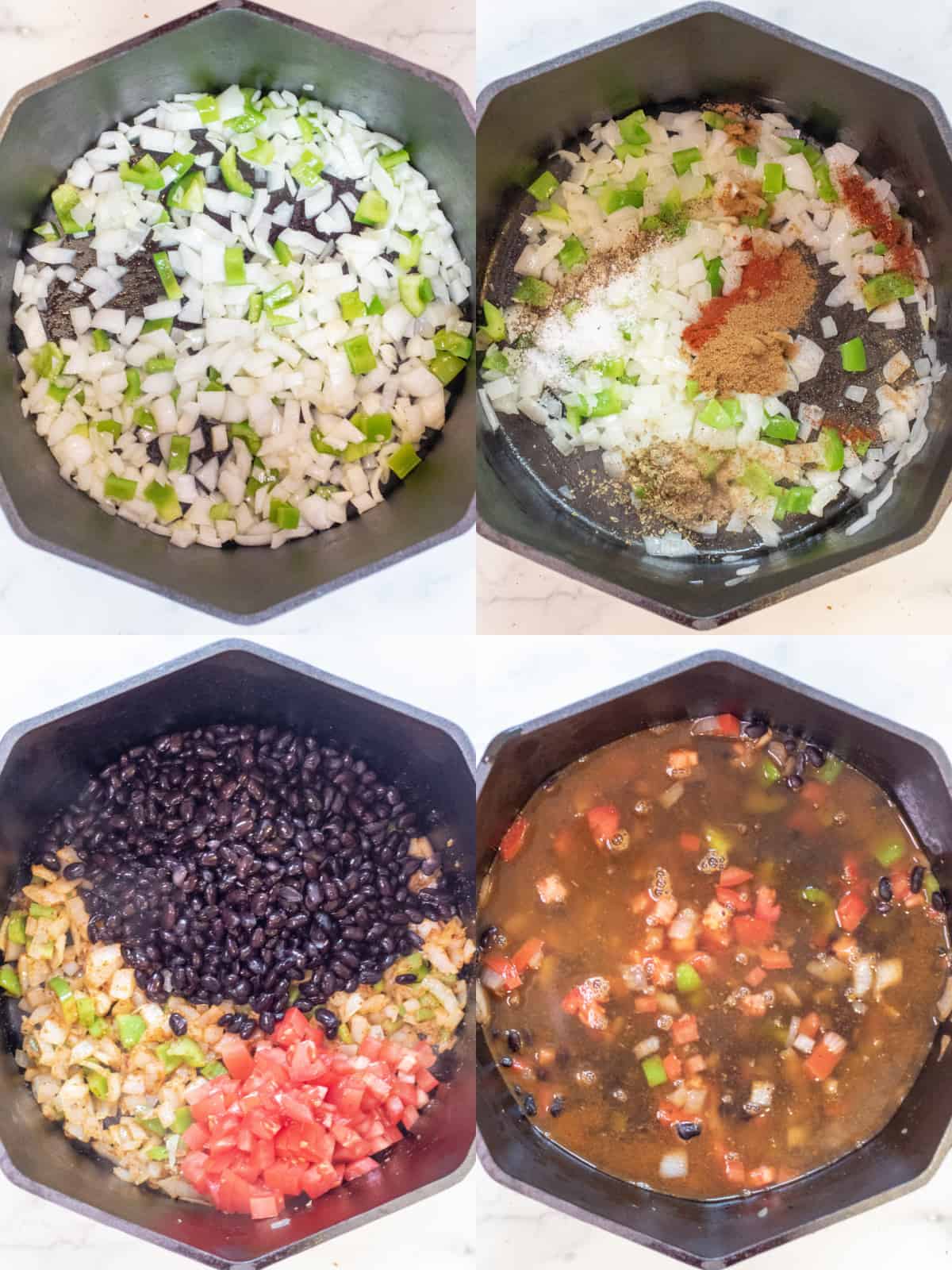 4 pictures of dutch ovens. One with onion and peppers, the next with spices, then with beans and tomatoes, and then with stock.