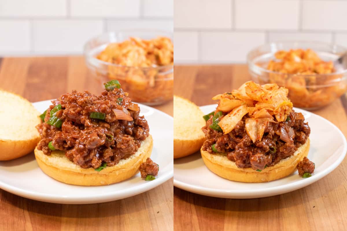 two pictures, one of a bun with beef and then next with it topped with kimchi.