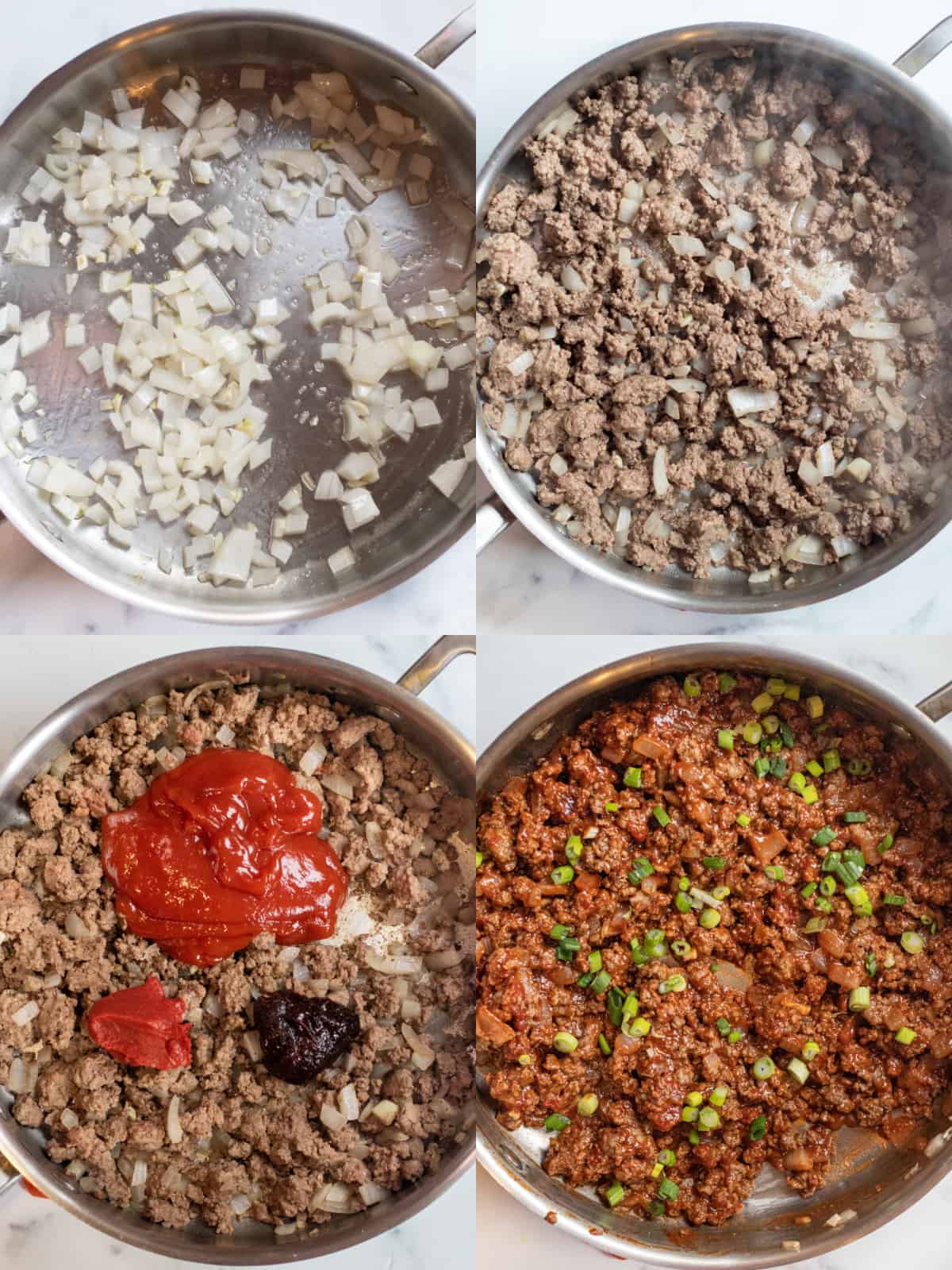 4 pictures one of onions and garlic, with cooked ground beef, with ketchup and gochujang, and tomato paste and one with it all mixed together and topped with green onions.