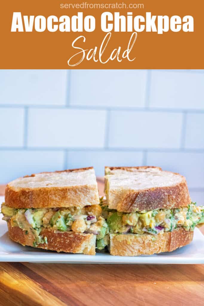 a sandwich of chickpea and avocado salad on a plate with Pinterest pin text.