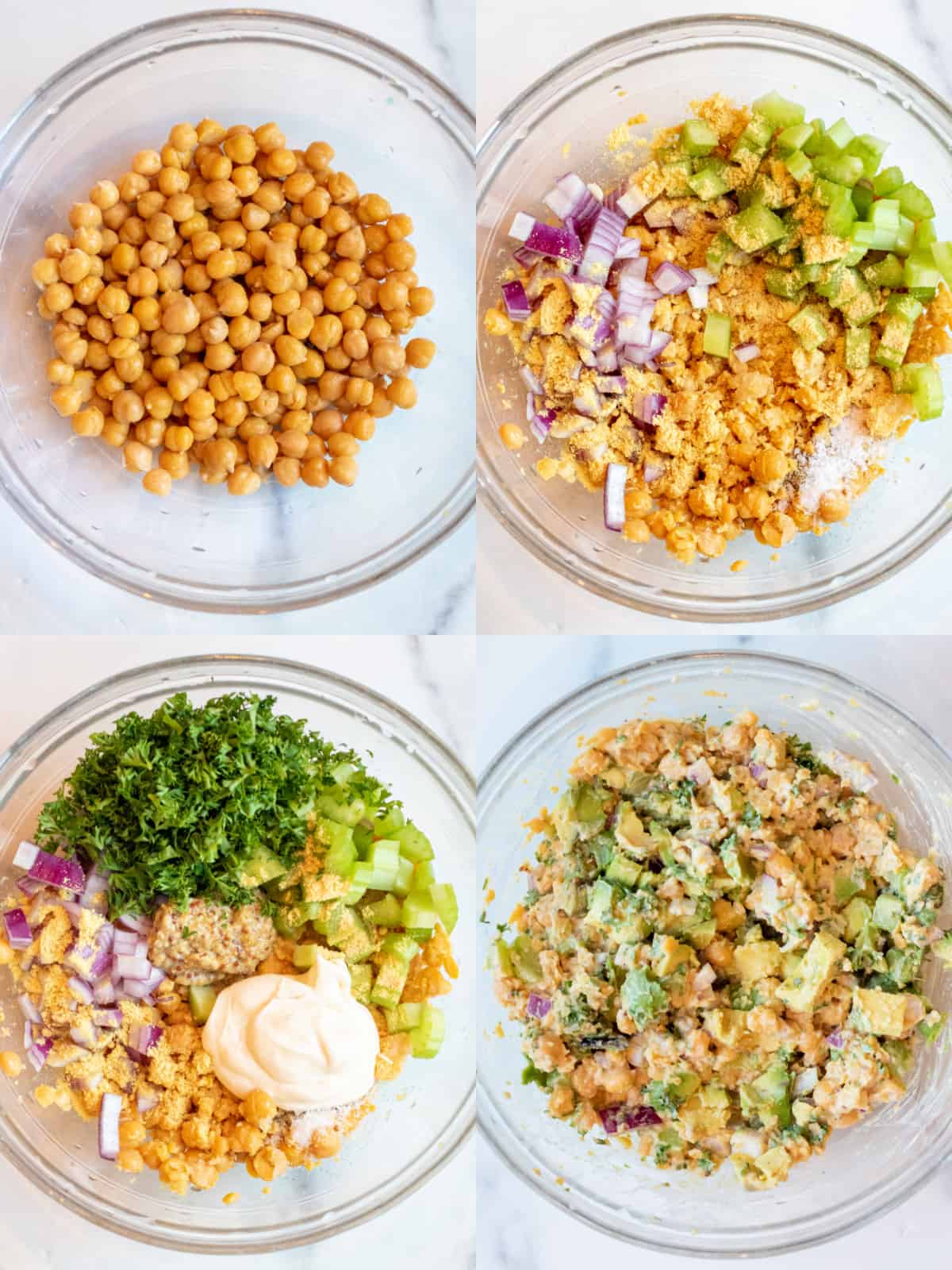 4 pictures, one of chickpeas, then with onion and celery and seasonings and parsley, mayo, dijon, and then the 4th of it all mixed up.