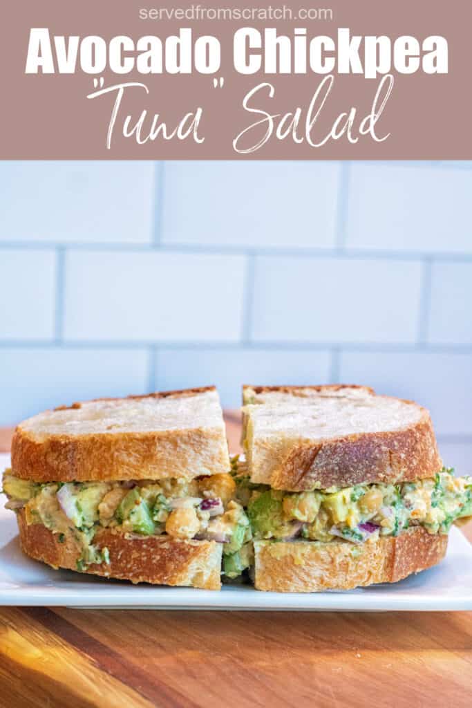 a sandwich of chickpea and avocado salad on a plate with Pinterest pin text.