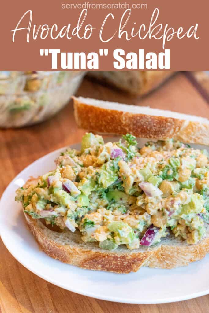 an open sandwich of chickpea avocado salad on a plate with Pinterest pin text.