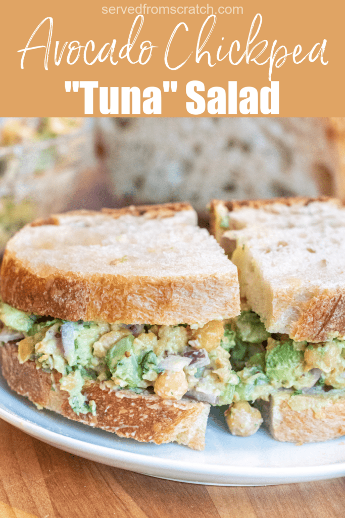 a sandwich of chickpea and avocado salad on a plate with Pinterest pin text.