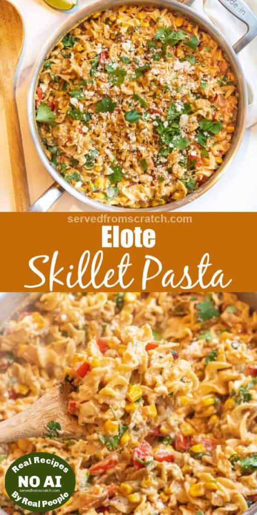 a pic of a cheesy pasta with corn and cilantro, Pinterest pin text, and then a close up of a spoon of the pasta all mixed together and NO AI sticker.