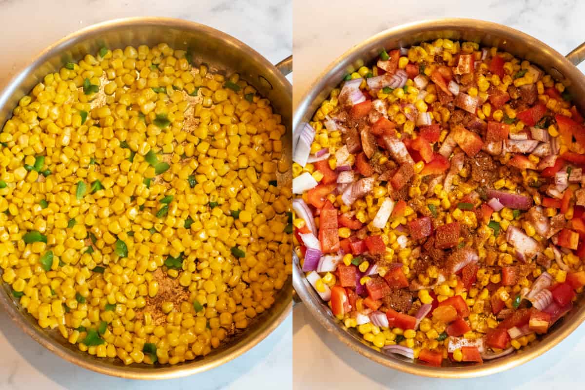 2 4 pictures of a pan one with corn and jalapeno, one with peppers.