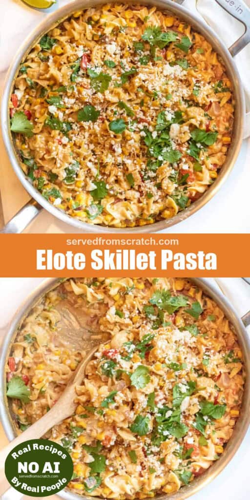 an overhead of a pan of creamy pasta, Pinterest pin text, and then a wooden spoon in the pan of pasta with NO AI sticker.