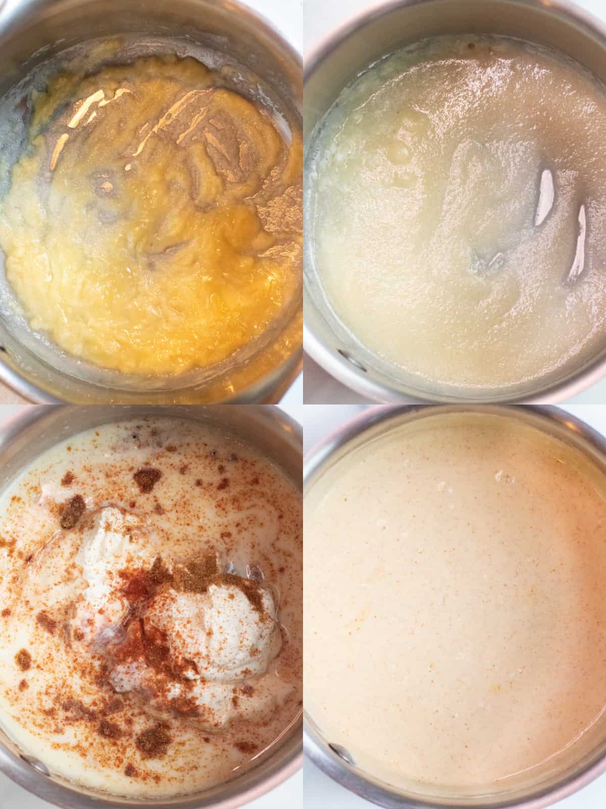 4 pictures of pans one with a roux, one with it mixed a little with milk, added with spices, sour cream, cream cheese, and then it all mixed together.