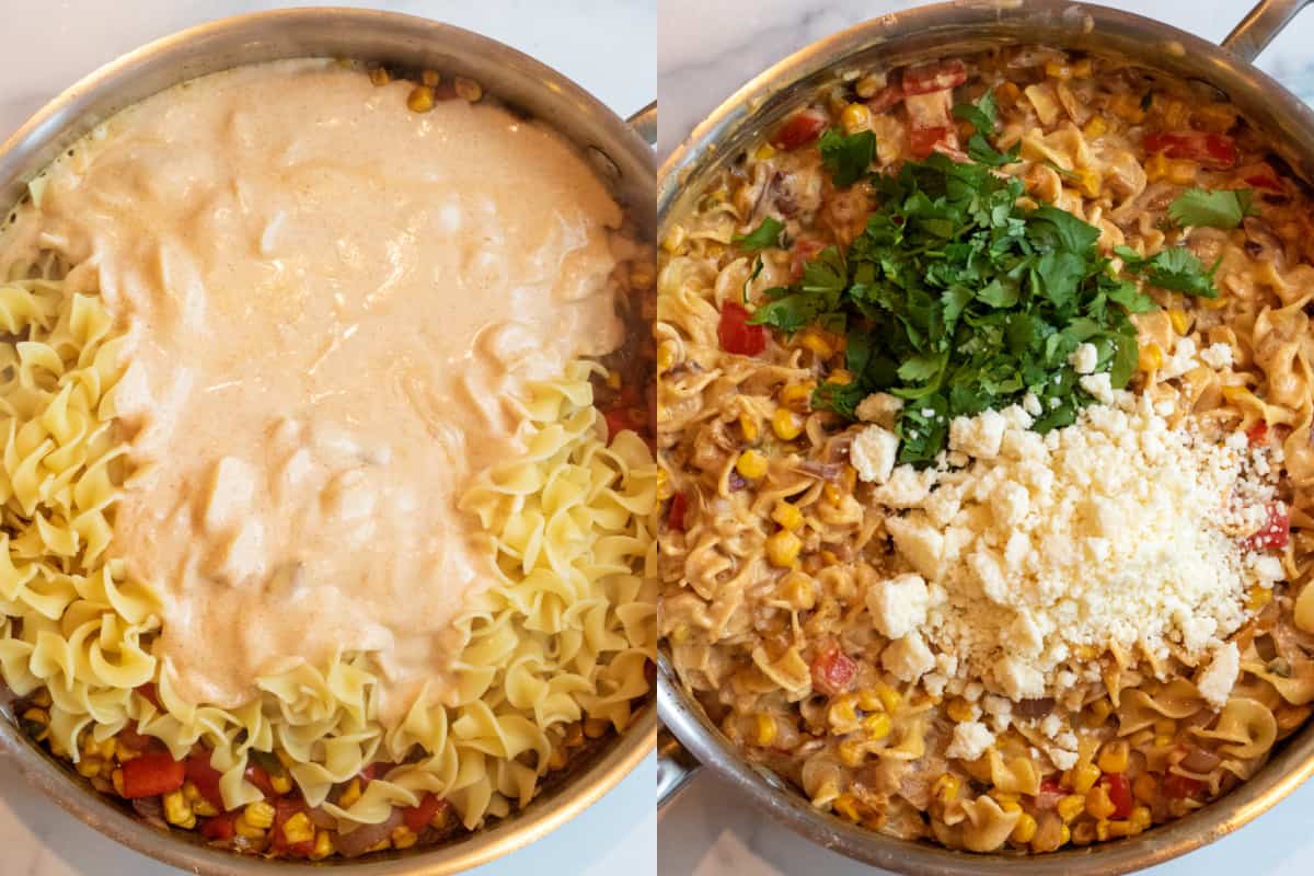 2 pictures of pans with cheese sauce and pasta, and then with cilantro, and cotija cheese.