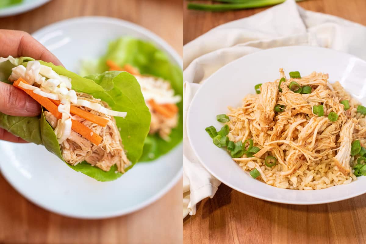 a hand holding a lettuce wrap and a bowl of shredded chicken over rice. 